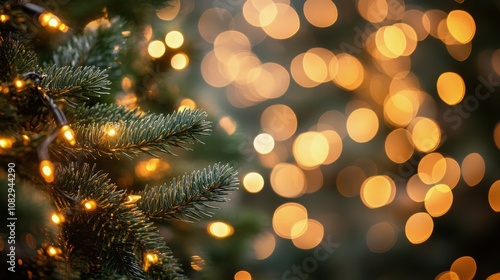 A close up view of a Christmas tree branch adorned with glowing lights during...