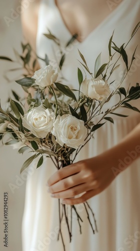 Elegant bride holding a delicate bouquet of white roses and greenery in soft ...