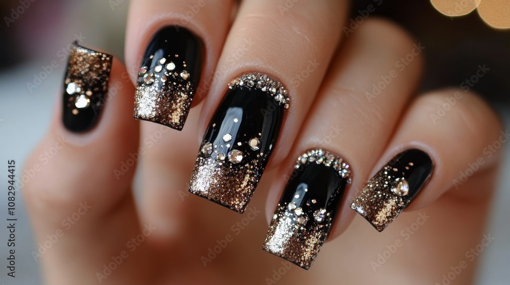 Elegant black and gold nail art with sparkling details for special occasions Elegant black and gold nail art with sparkling details for special occasions