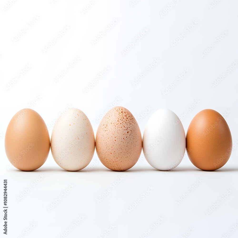 Five eggs of different colors arranged in a row on a white background. Five eggs of different colors arranged in a row on a white background.