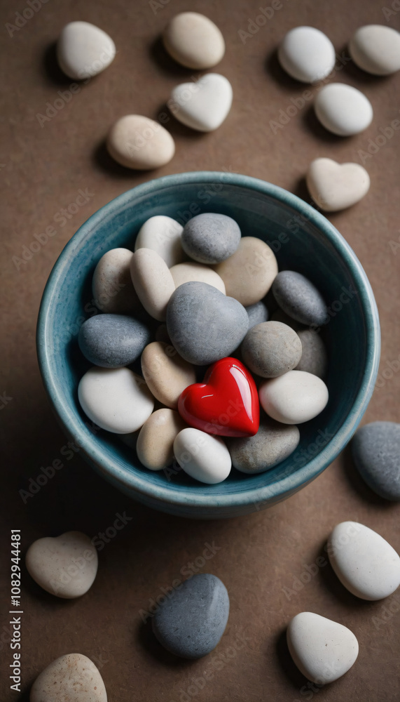 Red heart among smooth stones in blue bowl on textured surface for decorative and romantic theme Red heart among smooth stones in blue bowl on textured surface for decorative and romantic theme