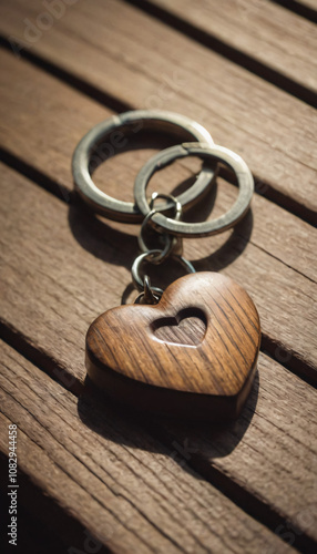 Handcrafted wooden heart keychain with metal rings on wooden surface for sentimental gifts