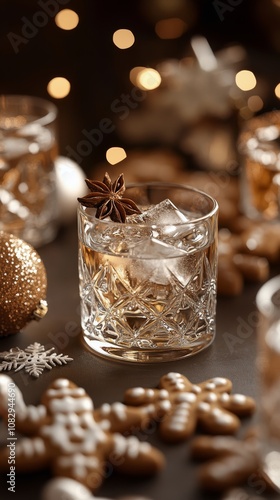 Festive cocktail with ice and star anise surrounding holiday decorations in c...