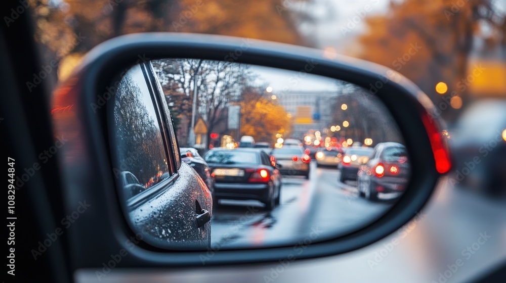 Car Side Mirror Reflecting Traffic and Raindrops Car Side Mirror Reflecting Traffic and Raindrops