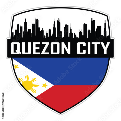 Quezon City Philippines Flag Skyline Cityscape Silhouette Travel Souvenir Sticker Isolated Vector