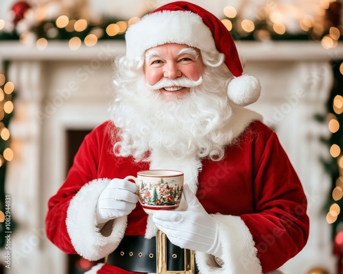 Santa Claus smiles and holds a cup of cocoa in front of a fireplace. photo