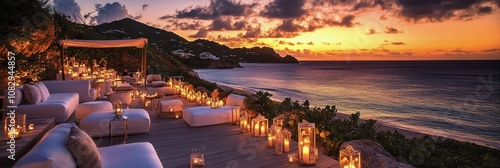 Cozy outdoor lounge with candles on a beach during sunset in a tropical paradise