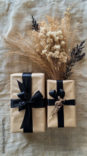 Elegant gift wrapping with dried flowers on a textured background showcasing ...