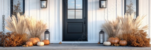 Autumn decorations featuring pumpkins and lanterns on a welcoming front porch...