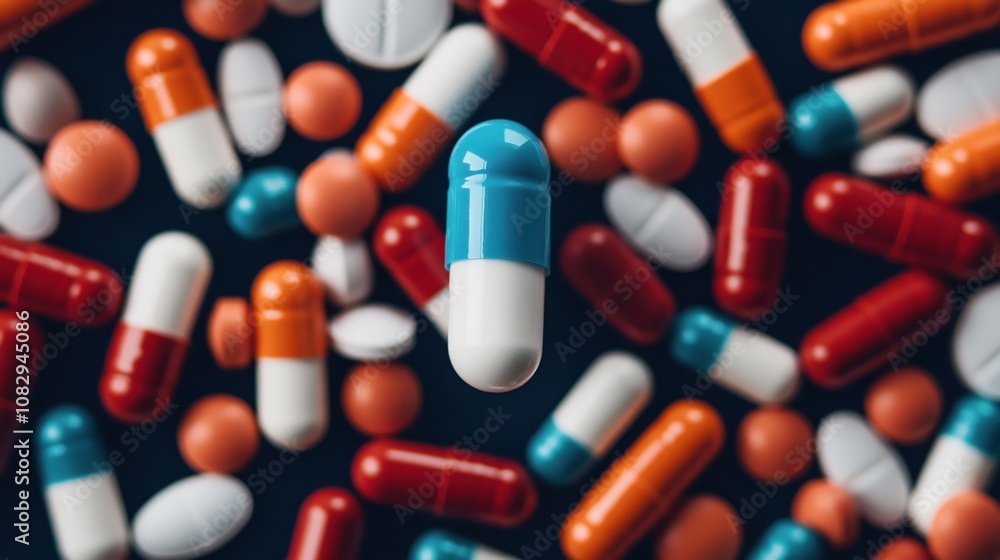 Close-up of assorted pharmaceutical capsules and tablets in various colors and shapes scattered on a dark surface, emphasizing a single blue and white capsule in the foreground. Close-up of assorted pharmaceutical capsules and tablets in various colors and shapes scattered on a dark surface, emphasizing a single blue and white capsule in the foreground.