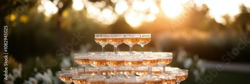 A beautiful champagne tower shimmering in the sunset light at an outdoor cele...
