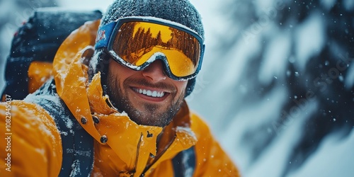 A cheerful person enjoys an exhilarating snowy adventure in the mountains, wearing a bright yellow jacket and reflective ski goggles amidst a winter wonderland photo