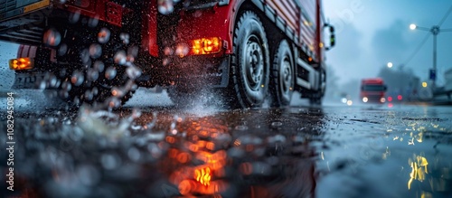 Close-up of car tires large delivery truck is moving fast on the road and splashes water on wet asphalt in rain. Driving extreme banner with copy space. truck drives through puddles after rain
