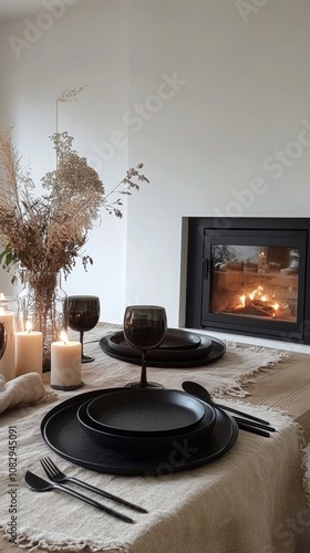 Elegant dining setup with black tableware and candles near a cozy fireplace i...