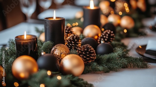 Elegant holiday dinner table decorated with black and gold ornaments and cand...