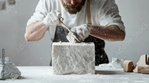 A sculptor in action, chiseling a marble block in a minimalist white studio.