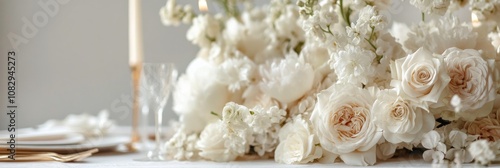 Elegant white floral arrangement on a beautifully set dining table for a spec...