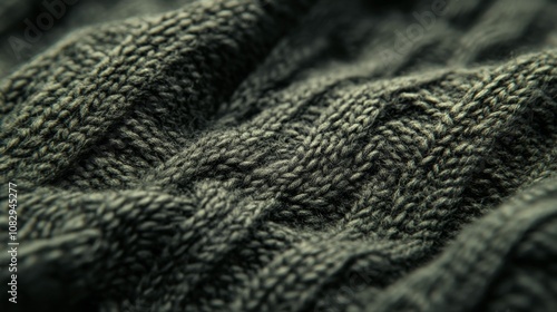 Close up view of textured dark green knit fabric showcasing intricate pattern...