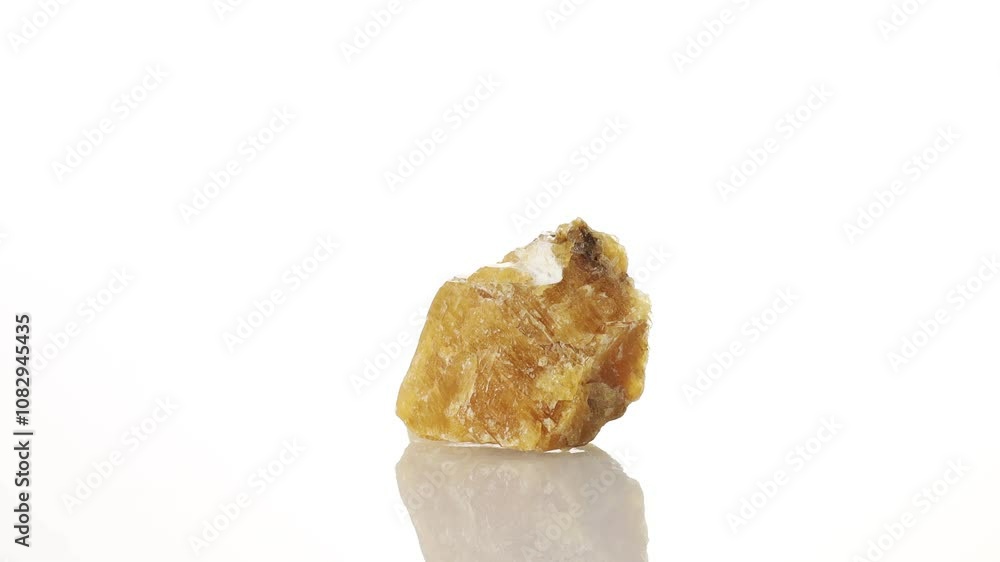 Calcite yellow mineral stone spinning in a circle on a white background Calcite yellow mineral stone spinning in a circle on a white background