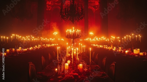 Red candles illuminating a dimly lit room during a mysterious evening gathering