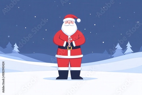 Santa Claus stands in a snowy landscape under a starry night sky, holding a candy cane.