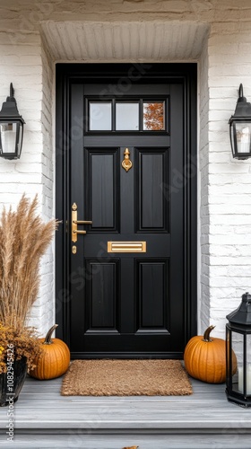 Charming autumn entrance with pumpkins, lanterns, and decorative grasses in a...