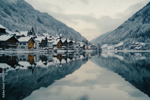 Scenic winter evening by the tranquil lake with reflections of mountains and ...