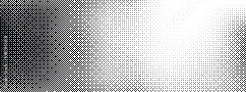 Pixel dithering gradient. Bitmap texture background. Black and white random pixels pattern. Retro glitchy vector art illustration. Monochromatic dissolve effect. 8 bit video game screen wallpaper.