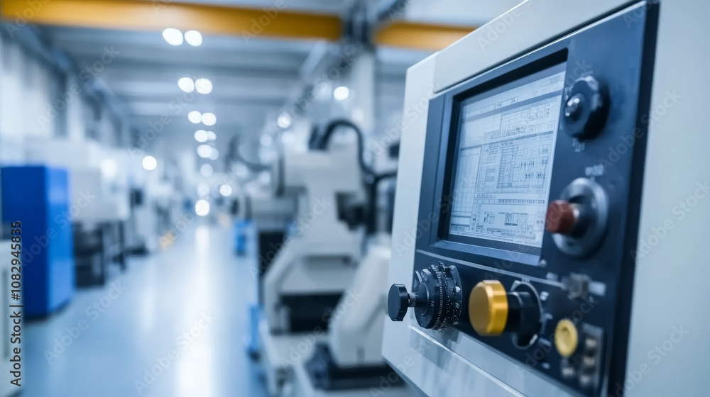 Machinery and robotic arms in the background add a sense of modern industrial production. Machinery and robotic arms in the background add a sense of modern industrial production.