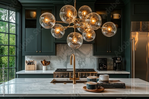 A modern kitchen showcases a beautiful marble countertop with a sophisticated...