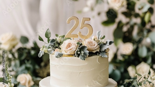 Elegant wedding cake with leafy decorations and a golden 25 topper at a celeb...