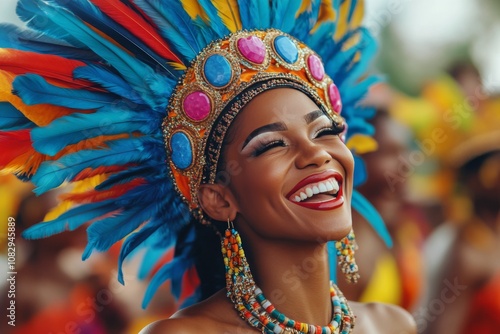 A joyful woman in a feather headdress smiles at a lively carnival celebration