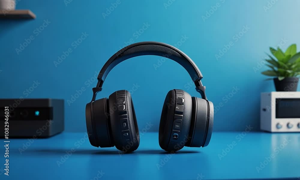 Headphones on a blue surface with a device nearby. Headphones on a blue surface with a device nearby.