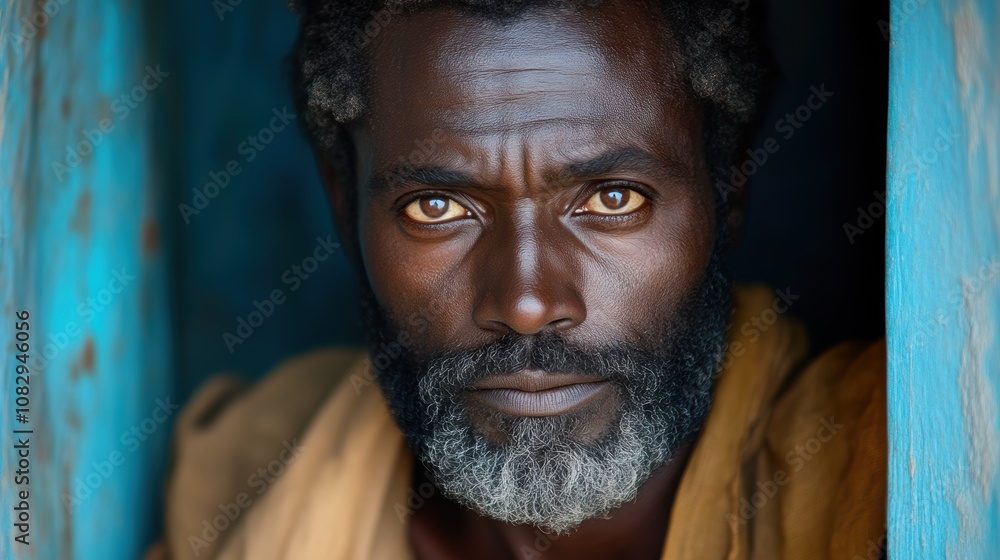 Intense portrait of a man in a rustic setting with a weathered wooden frame Intense portrait of a man in a rustic setting with a weathered wooden frame