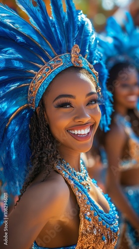 A joyful participant in vibrant costume with elaborate feathers at a festival...