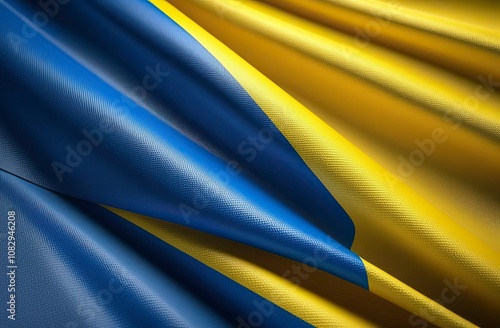 Fabric curved flag of Ukraine, UA. Blue and yellow colors. Close up, background