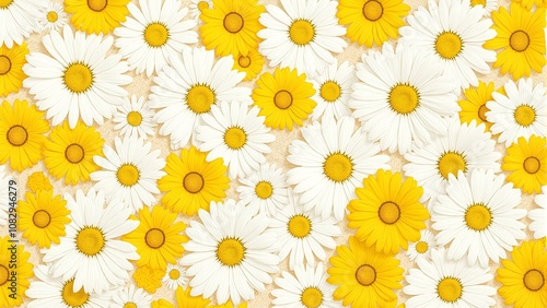 Vibrant yellow and white daisies create a cheerful floral backdrop