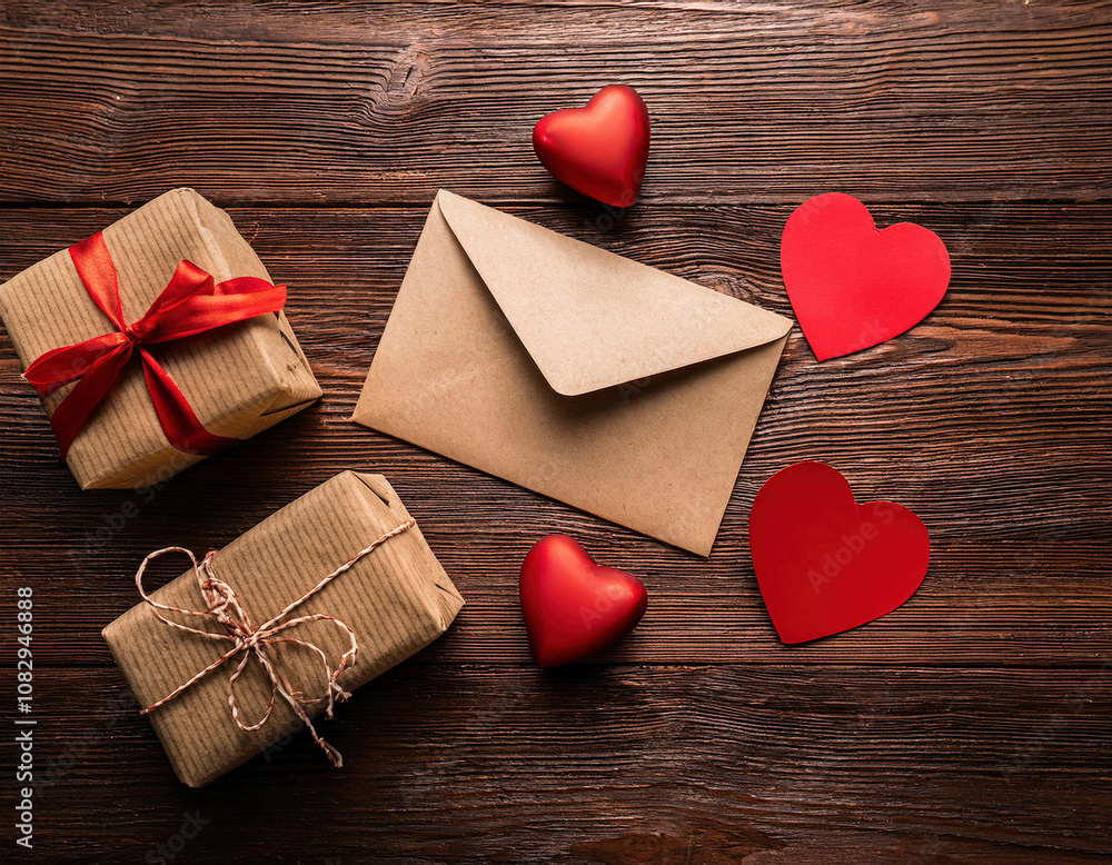 An open kraft paper envelope with red paper hearts surrounded by wrapped gifts and small red heart decorations on a rustic wooden surface. An open kraft paper envelope with red paper hearts surrounded by wrapped gifts and small red heart decorations on a rustic wooden surface.