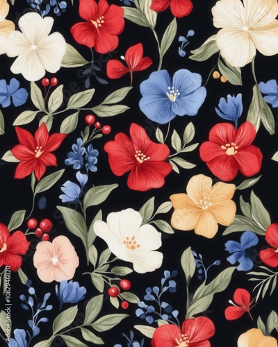 Seamless pattern with red, blue, white, and yellow flowers on a dark background.