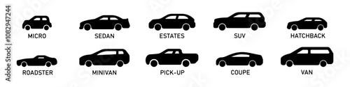 Set cars vector. A collection of classic types of car body shapes. A set of different auto contours. Car shape logos. Side view linear icons minivan, sedan, coupe, hatchback, van, pickup truck.