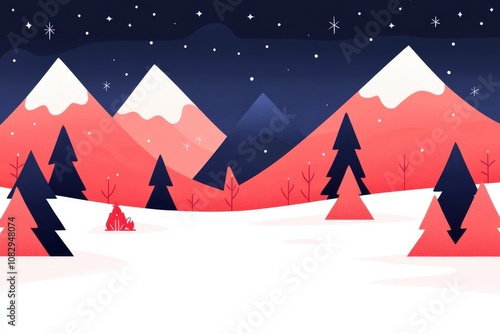 Snowy mountain range under a starry night sky with pine trees. photo