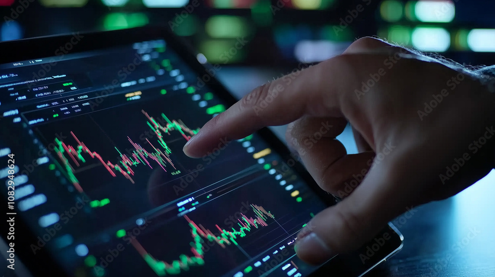 Hand Pointing at Tablet with Financial Charts and Data Analysis Hand Pointing at Tablet with Financial Charts and Data Analysis