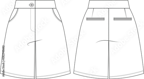 mid high rise waist tailored darted wide leg short template technical drawing flat sketch cad mockup fashion woman design style model 
