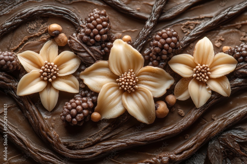 Fototapeta premium A beautifully intricate chocolate sculpture featuring detailed floral designs, combining elegance and artistry with exquisite edible craftsmanship