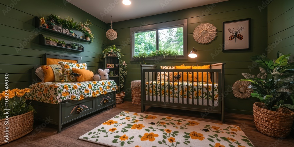 A nursery with a green wall and a crib with yellow sunflower bedding. A nursery with a green wall and a crib with yellow sunflower bedding.