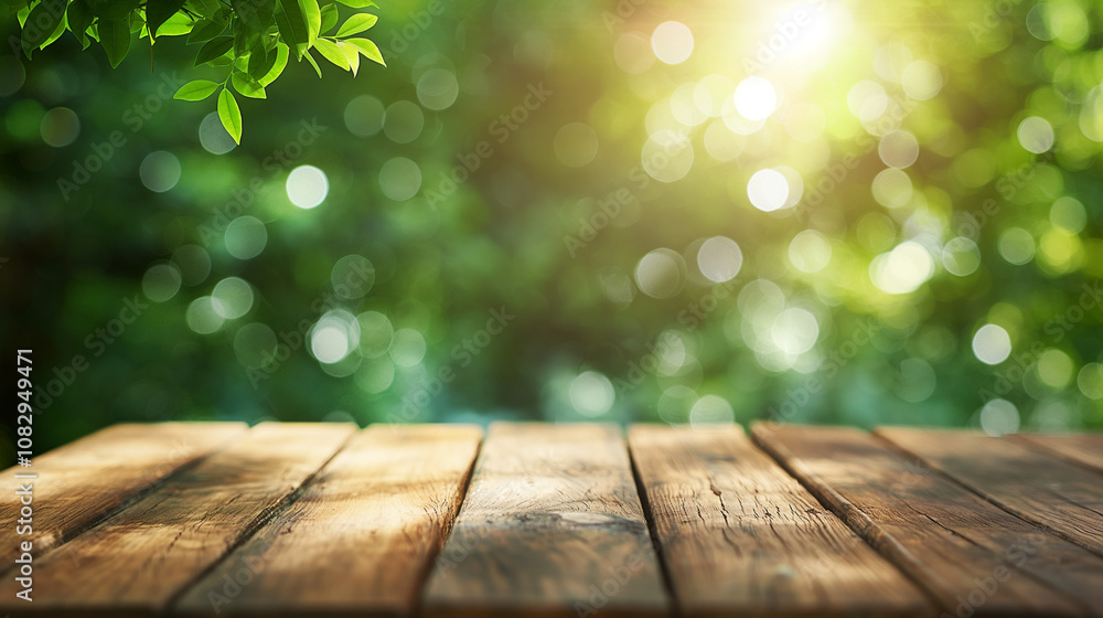 White wooden table top for product placement with blurred abstract greenery White wooden table top for product placement with blurred abstract greenery