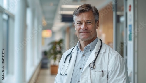 Confident senior male doctor standing in a bright hospital corridor, wearing a white coat and stethoscope, exuding professionalism and warmth