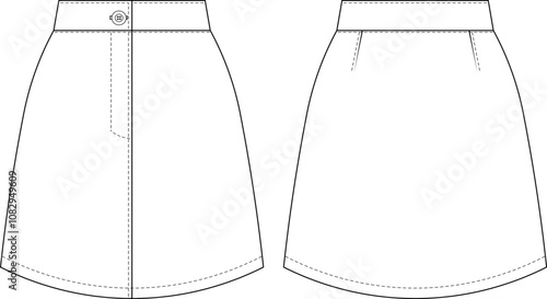 tailored darted buttoned zippered mini short a line skirt denim jean template technical drawing flat sketch cad mockup fashion woman design style model 
