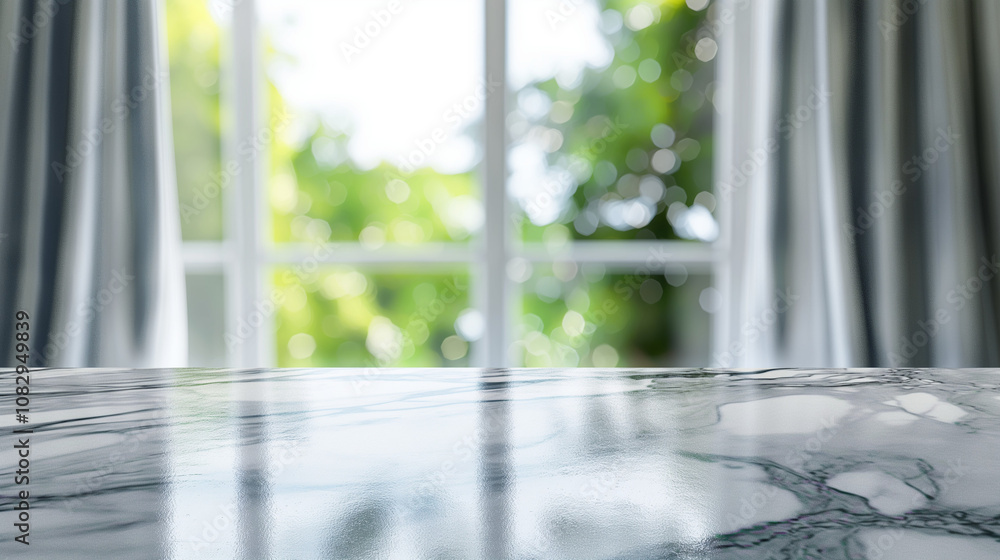 Naklejka premium Empty marble table top for product placement with blur window curtain background