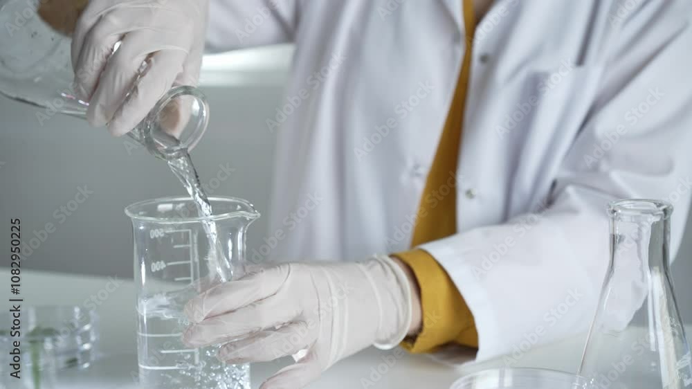Unknown scientist wearing a lab coat and gloves is carefully pouring a liquid from one beaker to another in laboratory set, close up. Science and medicine concepts Unknown scientist wearing a lab coat and gloves is carefully pouring a liquid from one beaker to another in laboratory set, close up. Science and medicine concepts